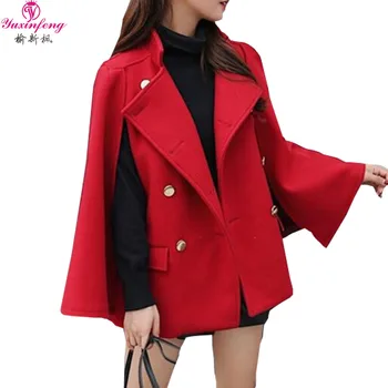 

Yuxinfeng Autumn Winter Cape Coat Women Loose A Line Style Double Breasted Fashion Warm Poncho Cloak Jacket Female Red Black