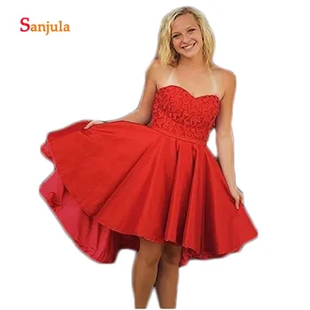 

Red Satin High Low Skirt Girls Graduation Dresses Short Sweetheart Lace Cheap Homecoming Dresses 2019 vestidos egresadas D1006
