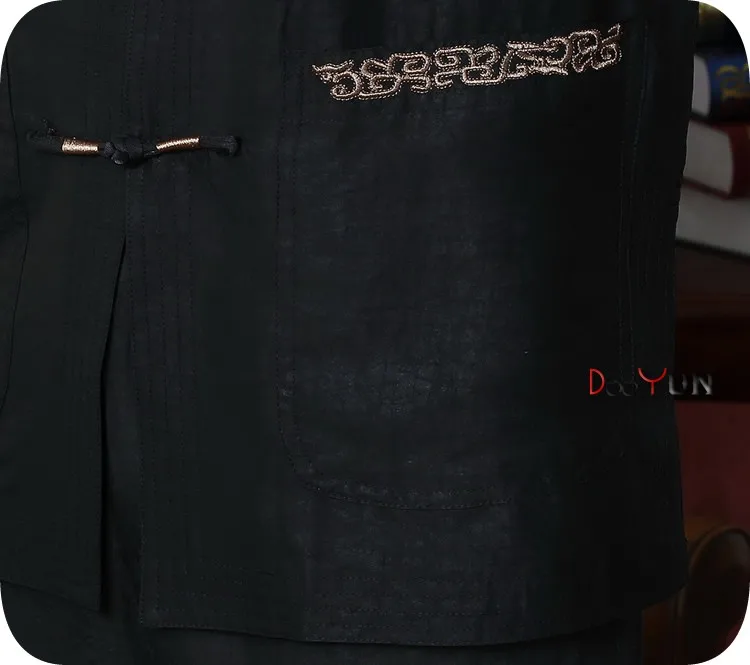 Черный китайский Для мужчин кунг-фу Топы рубашка с вышивкой Классический Мандарин рубашка с воротником с карманом Тан костюм Размеры M, L, XL