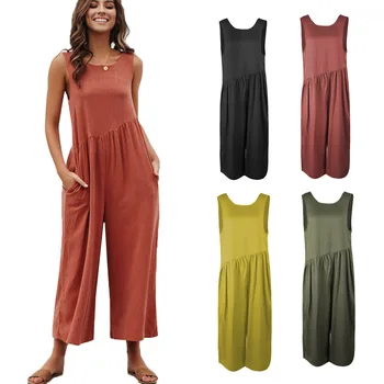 

Women Jumpsuit Backless Casual Pants Solid Loose Straight Overalls Wide Leg Rompers Playsuits with Pockets