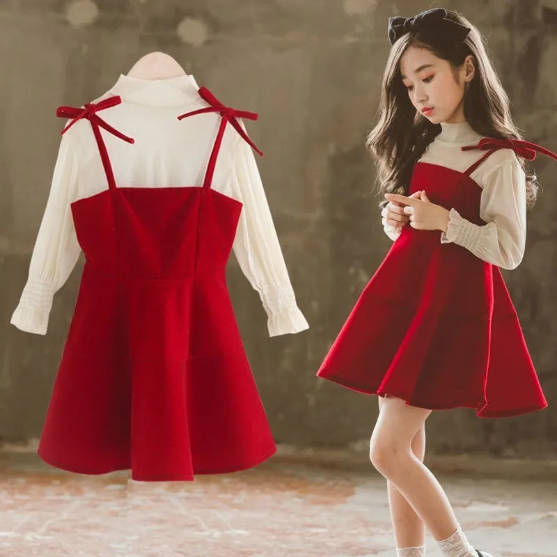 

Sleeveless Dress 2 Pcs Teen Set Children Girls Outfits Red Black Brown Fashion 2018 Little Girls Clothing Set Autumn Spring