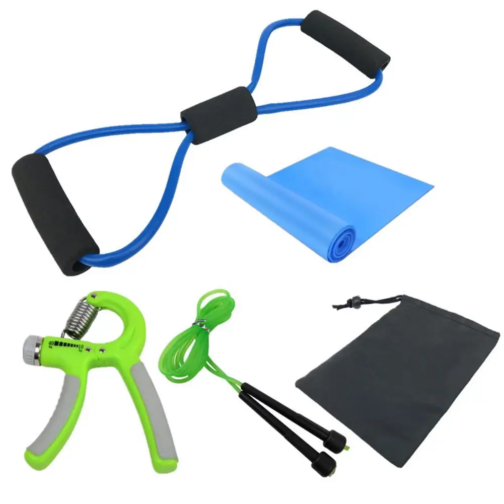 

5pcs Fitness Equipment Set 8 Type Muscle Chest Expander Tube + 10-40KG Adjustable Hand Grip + Yoga Band + Jump Rope + Mesh Bag