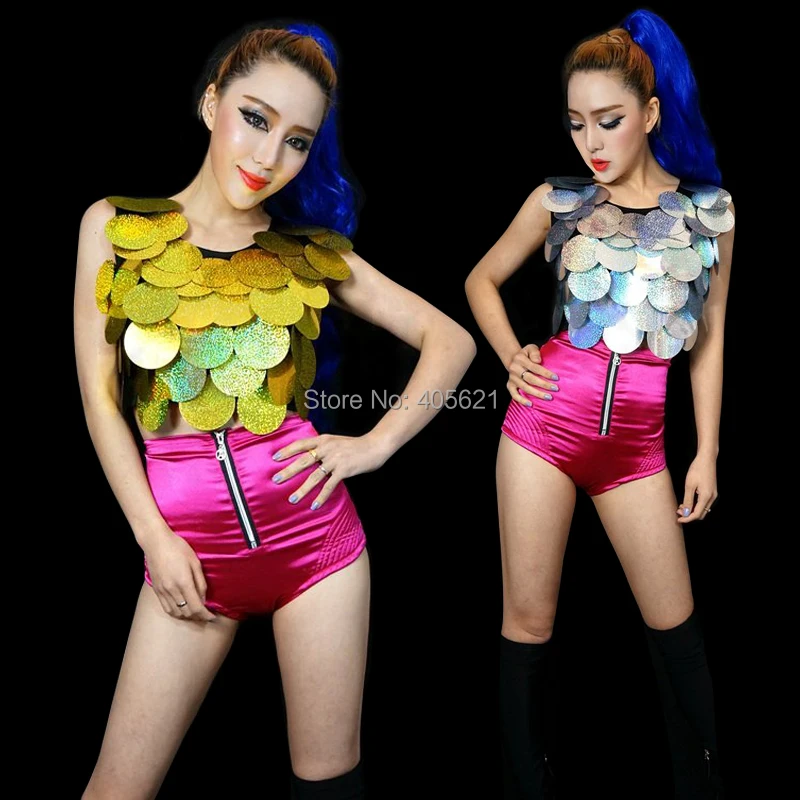 

2018 Sexy Modern Dance Laser Sequins Dazzling 7-color Dew Navel Vests Party Dancer Costumes Hip-Hop Jazz Nightclubs Stage Wear
