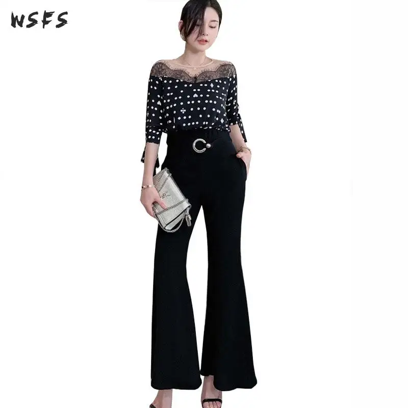 

Lace Jumpsuits Black Dot Oneck Elegant Bow Womens Wide Leg Pants Long Boot Cut Bodysuit Office Ladies Jumpsuit Playsuit Overalls