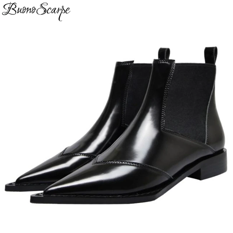 

Buono Scarpe 2019 Winter Pointed Boots Black Chelsea Boots Leather Fashion Ladies Boots Elastic Ankle Boots Women Botas Mujer