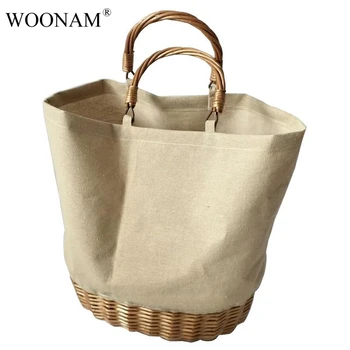 

WOONAM Women New Trendy Fashion Canvas Rattan Basket Bottom Bucket Tote Handbag Bag WB630