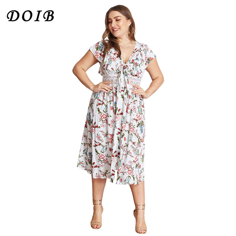 

DOIB Plus Size Dresses Floral Print Hollow Out Lace Short Butterfly Sleeve Deep V Neck Bow Tie Bodycon Dress XL XXL XXXL XXXX