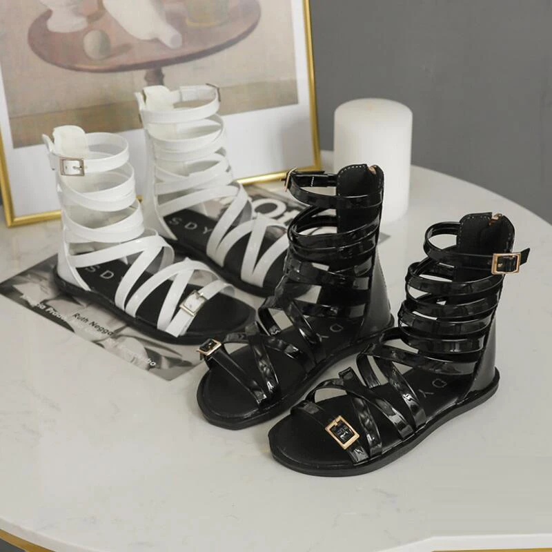 SKHEK Модные женские римские сандалии детские сандалии детская обувь принцесса Гладиатор обувь Нескользящие Детские сандалии черный размер