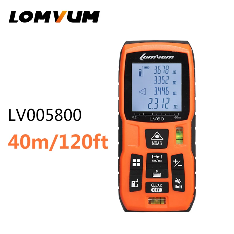 

LOMVUM Digital Laser Distance Meter 40M/120ft Laser Rangefinder /w 2 level bubbles Automatic calculation of Area and Volume