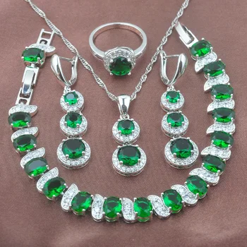

2020 New Green Zirconia Silver Plated Women's Bridal jewelry Sets Bracelet Necklace Pendant Earrings Ring YZ0493