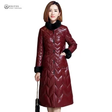 Зимнее пальто из овчины, новинка, норковый меховой воротник, натуральная кожа, пальто, белый утиный пух, верхняя одежда, длинное пальто из натуральной кожи, OK1187