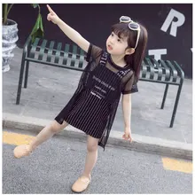 Сетчатая футболка в стиле пэчворк комплект из двух предметов, комплект одежды на тонких бретельках, Летний Пляжный комплект для девочек, платье в полоску, белый, черный