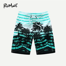 ROMWE для мужчин в полоску и тропический пляжные шорты с рисунком зеленый основные летние s фитнес человек короткие шнурок талии шорт