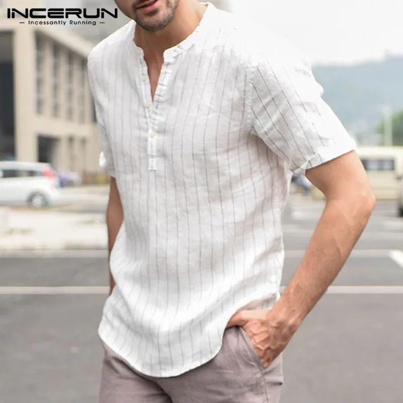 Высокое качество летние рубашки с коротким рукавом полосатая Мужская Повседневная рубашка пуловер хлопковая рубашка платье мужская