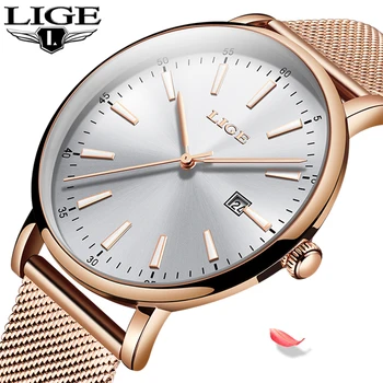 

LIGE Women Fashion Gold Blue Quartz Watch Lady Mesh Watchband High Quality Casual Waterproof Wristwatch Moon Phase Clock Women