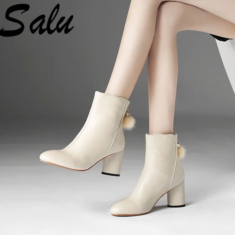 

Salu Brand Autumn Ankle Boots Women Genuine Leather Booties Ladies Shoes Round Toe Heels Botas Feminina Plus Size 10 11 12