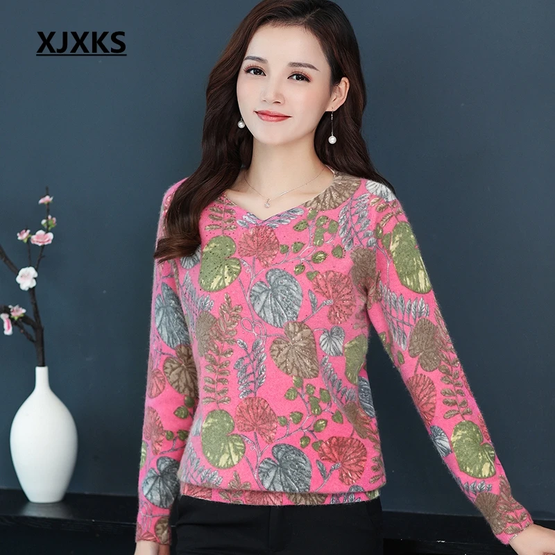 

XJXKS Young Women 2019 Autumn Mink Cashmere Printing Pull Femme Sweater Modis Plus Size Elasticity Women Sweaters And Pullovers