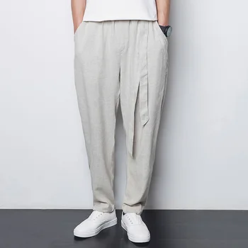 

Pants men's spring and summer simple Chinese style Harajuku linen light pants / loose breathable Harlan large size pants