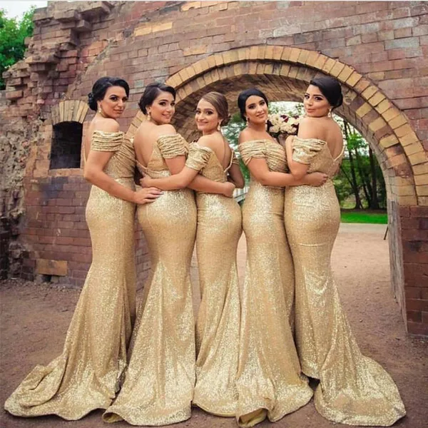 Champagne Gold Sequins Bridesmaid Dresses Country Style Off Shoulder Beach Junior Wedding Party Guest Gown Maid of Honor Dress Cheap