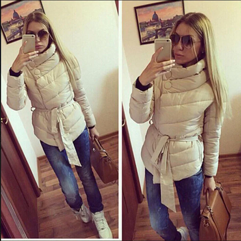 2016 New Fashion Red Beige Black Winter Coat Women Parka Casual Stand Collar With Belt Winter Jacket Women Coats