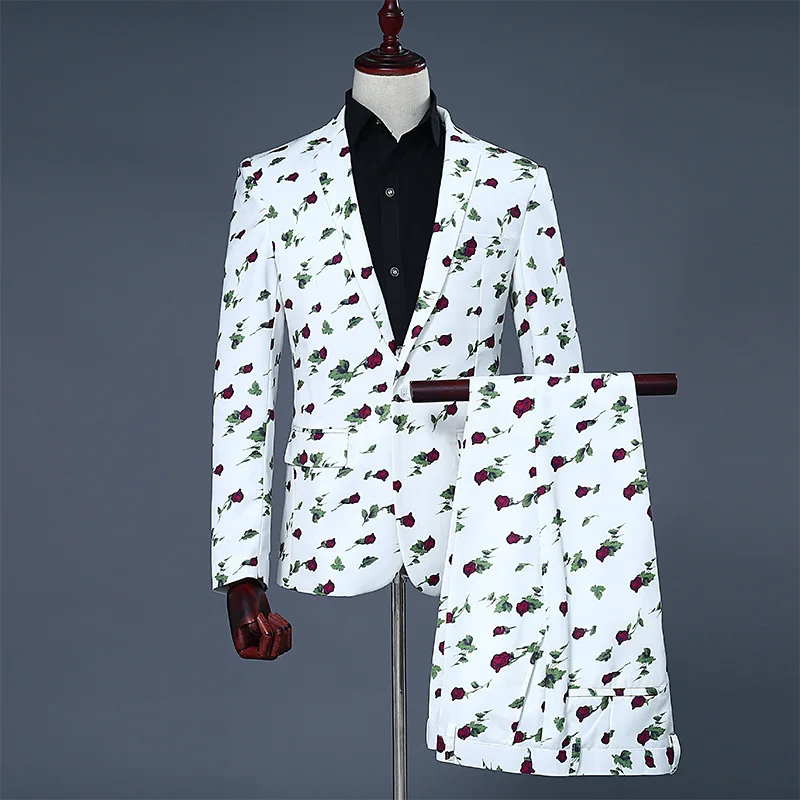 Мужская одежда для жениха с принтом, Мужская сценическая куртка, белая куртка из двух частей с брюками, повседневный мужской костюм