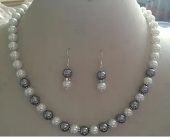 

8mm White/Grey Shell Pearl Necklace +Earring Set 18" Beads necklace earrings Setnoble lady's CZ Luxury Ms. girl