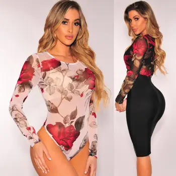 

Sexy Womens Long Sleeve Bodycon Bandage Bodysuit Jumpsuit Rose Floral Mesh Sheer Short Rompers Party Clubwear Clothes Jumper