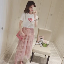 Новые весна женский по щиколотку многоярусные юбки для женщин черный розовый серый молодые дамы с длинными империи талии юбка GH373