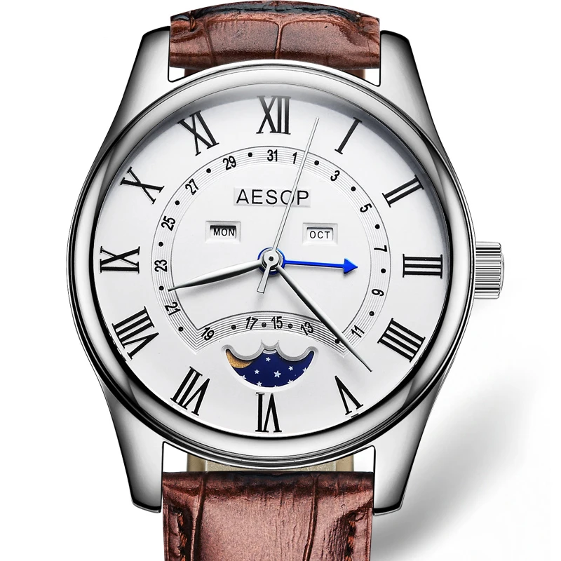 AESOP модные для мужчин часы сапфировое стекло кварцевые наручные Moon Phase кожаный