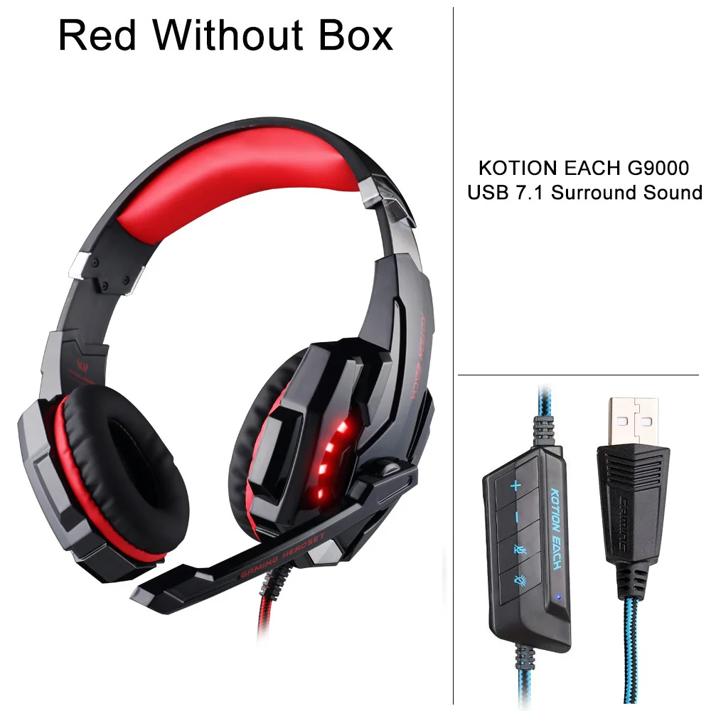 KOTION EACH G9000 USB 7,1 версия объемного звука Игровые наушники Компьютерная гарнитура светящиеся наушники PC повязка на голову с микрофоном - Цвет: Red Without Box