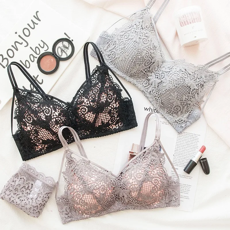 

Roseheart 2018 New Women Fashion Gray Sexy Lingerie Wireless Lace Trim Adjustable Straps Cotton Panties Padded Bra Sets 85B