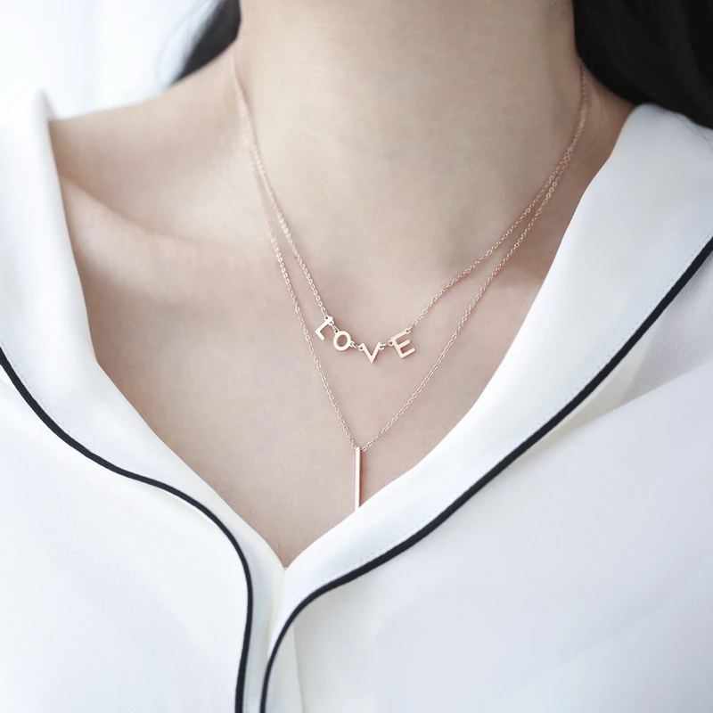 

YUN RUO 2018 New Rose Gold Color Double Layer I Love Letter Pendant Necklace Fashion Titanium Steel Woman Jewelry Never Fade