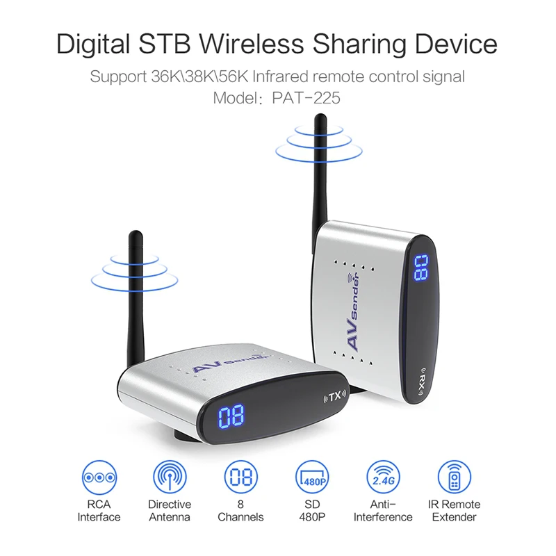 

PAT-225 100m 2.4GHz Wireless A/V Transmitter Receiver Audio Video Sender with IR Signal Extension Wire for TV Set box DVD IPTV