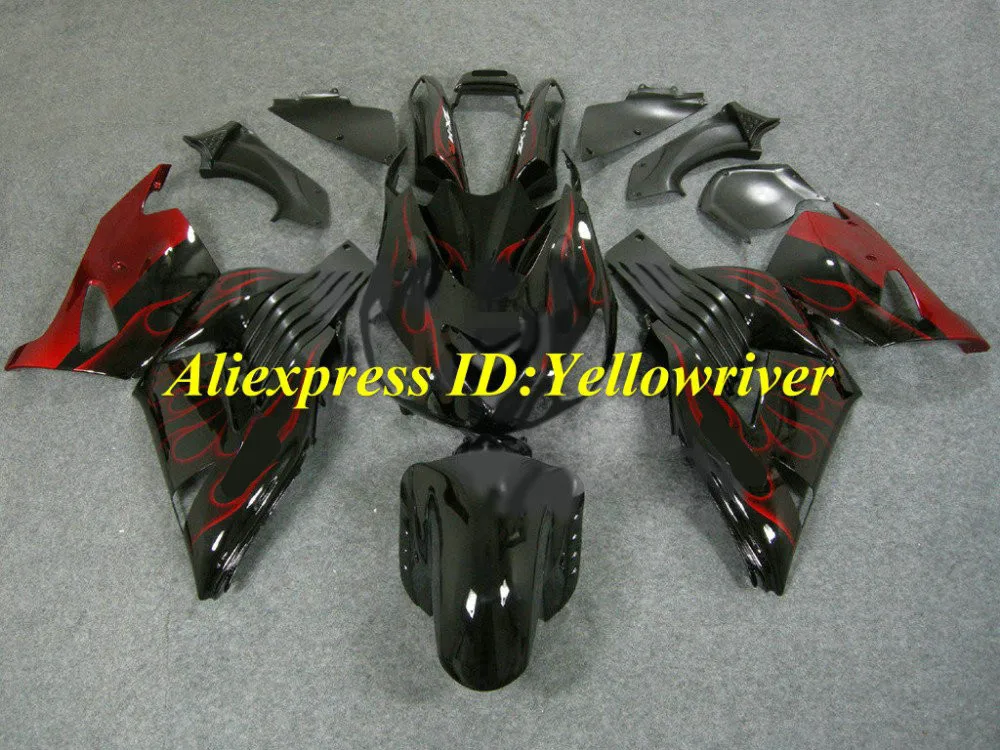 

Injection mold Fairing kit for KAWASAKI Ninja ZX14R 2006 2007 ZX14R 06 07 Red flames gloss black ABS Fairings set+7 gifts SQ26