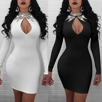 

Women Sexy Deep turtleneck Squined Bandage Long sleeve Bodycon Evening Party Mini pencil Dress Summer vestidos dresses for women