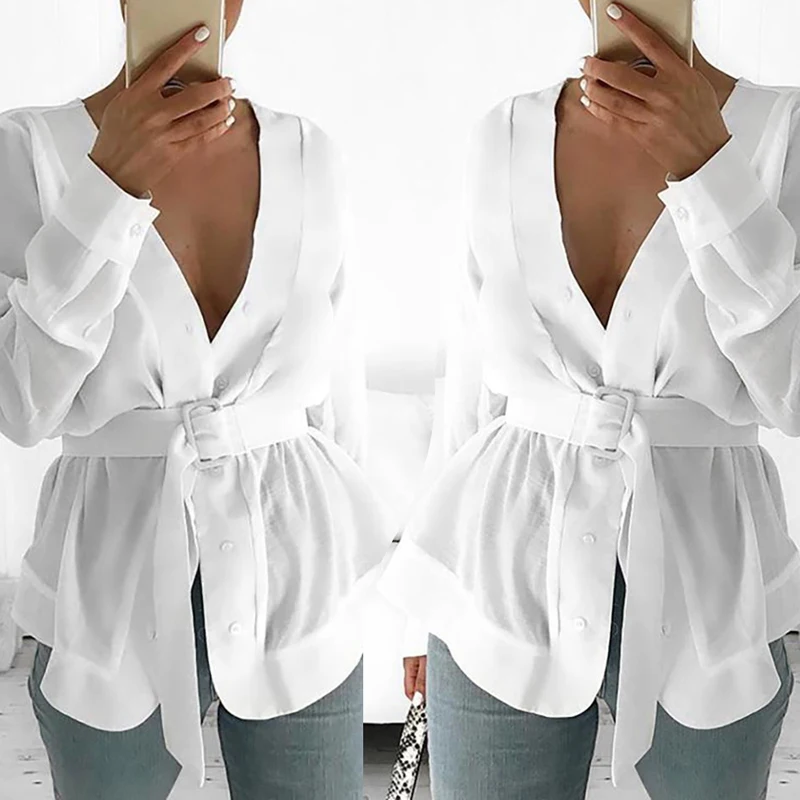 2019 белая Асимметричная женская блузка модная Лоскутная Блузка с v образным