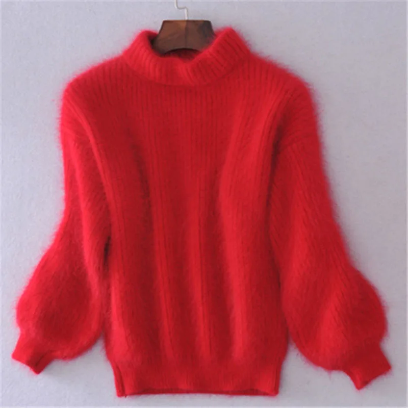 Зима Весна модные повседневные утолщенные теплые водолазки мохер женские свитера с рукавами-фонариками модное повседневное обтягивающее пуловер - Цвет: Красный