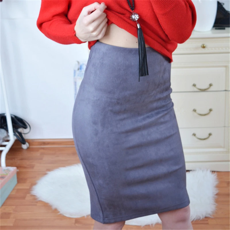 Neophil 2020 Winter Women Suede Midi Pencil Skirt High Waist Gray Pink XXL Sexy Style Stretch Wrap Ladies Office Work Saia S1009