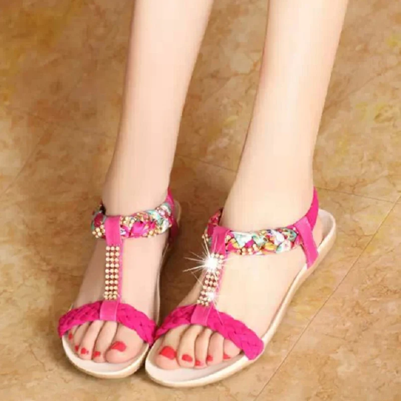 Women Sandals Summer Flat Heel Bohemian Sandals 2018 New Rhinestone Mixed Color Ladies Elastic Band Open Toes Beach Shoes Women Sandals Summer Flat Heel Bohemian Sandals 2018 New Rhinestone Mixed Color Ladies Elastic Band Open Toes Beach Shoes