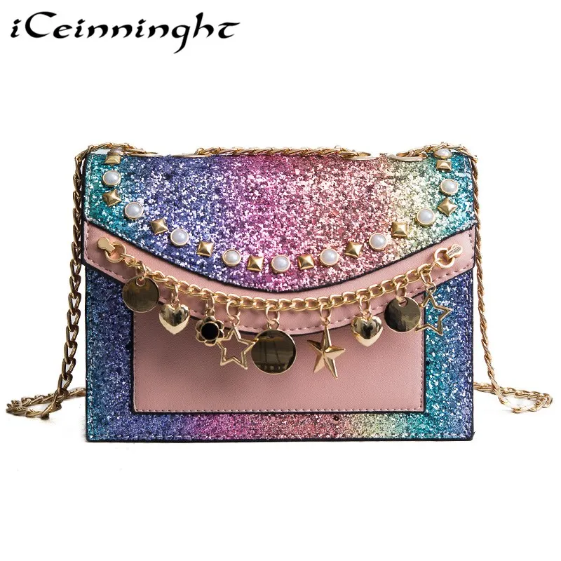 

iCeinnight Fashion Women Bags Bright PU Leather Chain Messenger Bags Sequines Flap Crossbody Women Bags Sac Main Femme De Marque