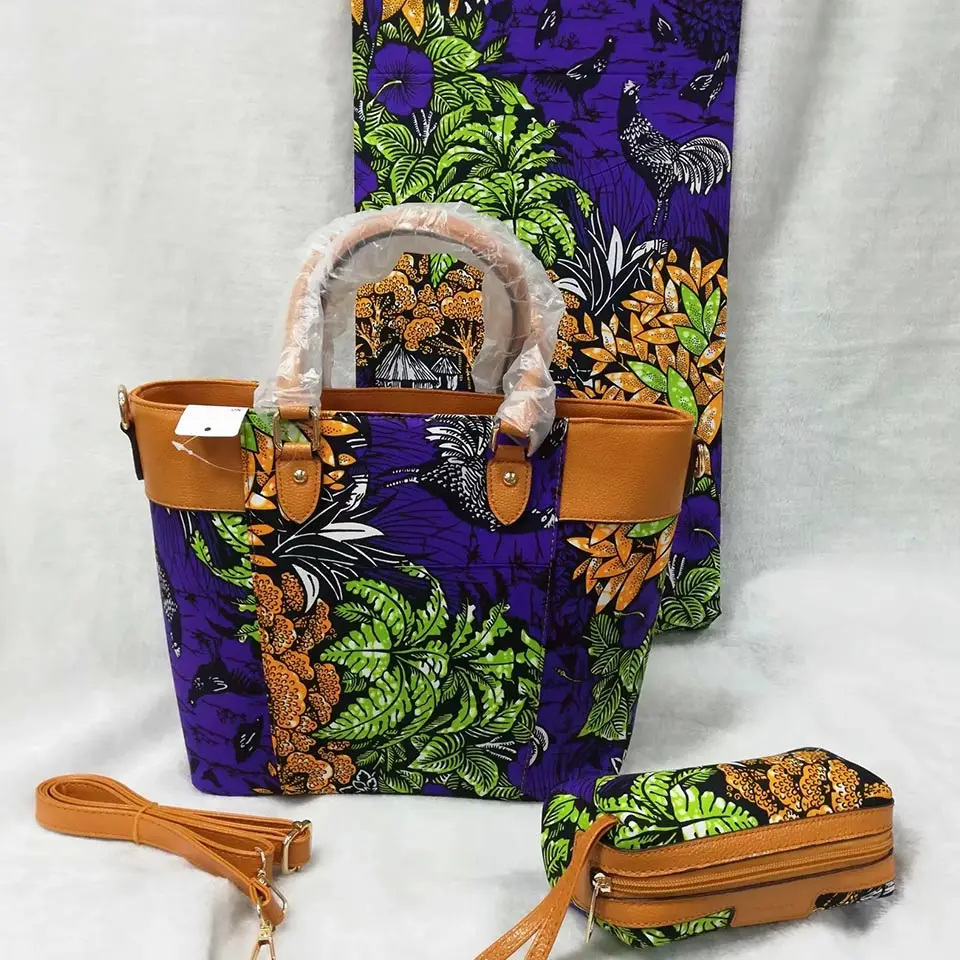 

3pc Set Green Blue Ankara African Print Hand Bag +Ankara Clutch And Its Matching 6yards African wax fabric For Women DFB-20