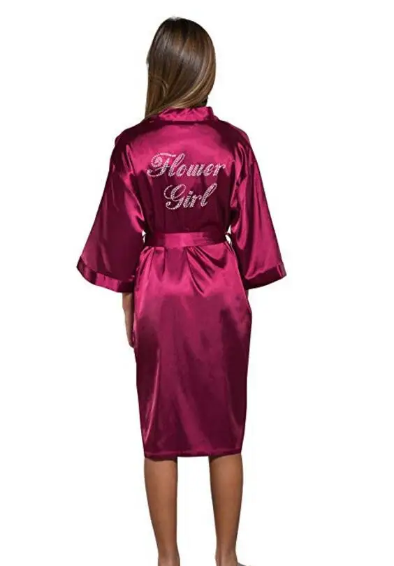 Детские Свадебные халаты с цветочным узором для девочек; ночная рубашка с надписью; детский банный халат с монограммой; Кимоно для вечеринок для маленьких подружек невесты - Цвет: wine red Flower Girl