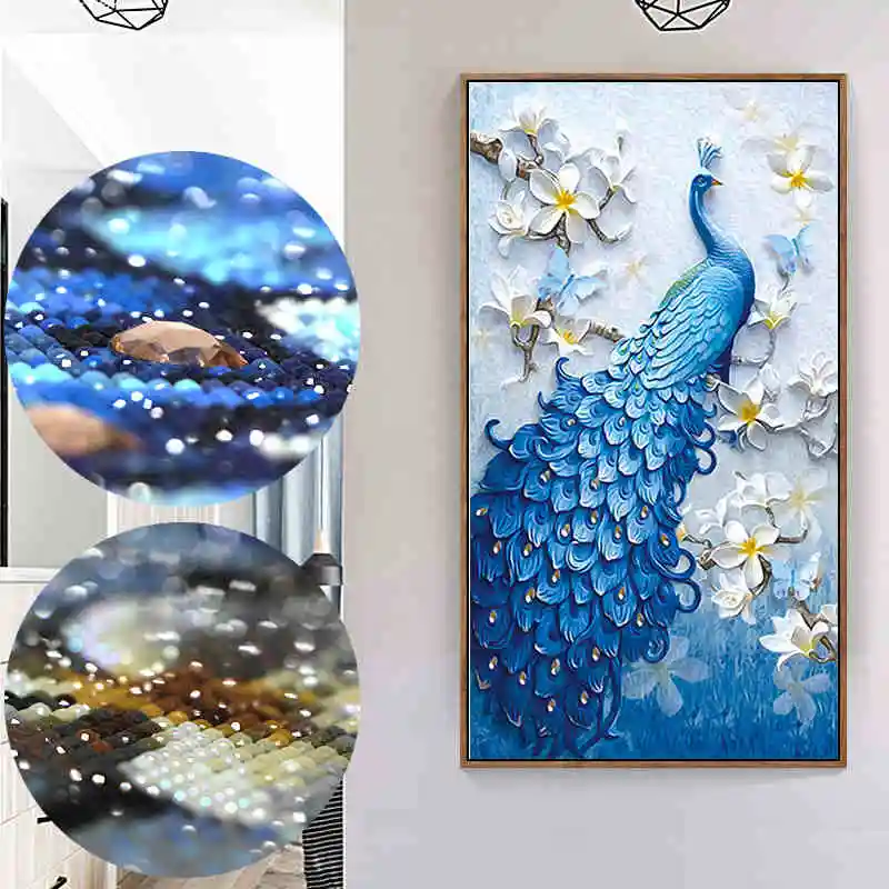 Алмазная картина Meian "3 картины" сделай сам "Цветы Павлин" Алмазная вышивка, полная, Алмазная мозаика, набор бусин картина, Декор для дома
