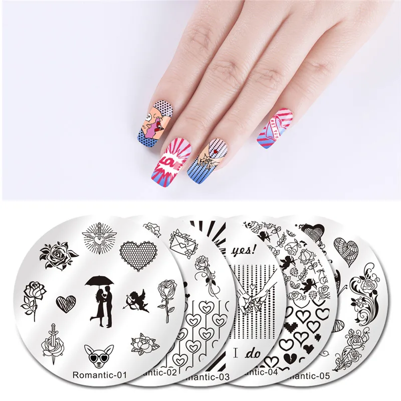 NICOLE DIARY 5 шт. набор шаблонов для ногтей, тату, типографика, природа, романтическая серия, дизайн ногтей, штамповка, изображения, пластины