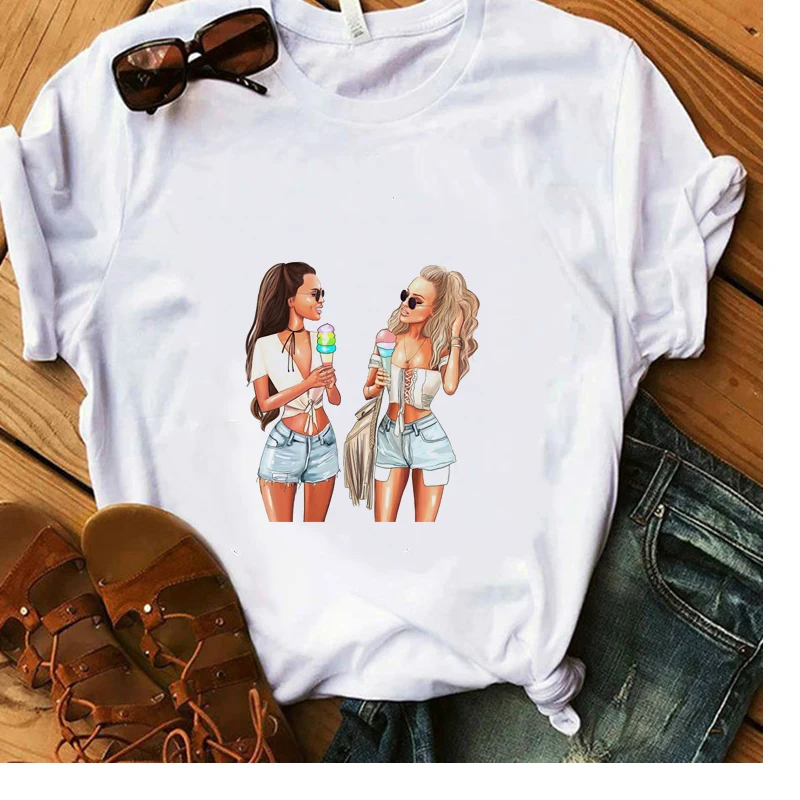 

Eating Ice Cream Friends Print T-Shirt 100% Cotton Vogue Girls White T-Shirt Women Summer Soft Casual Lady Tops Hipster Tees
