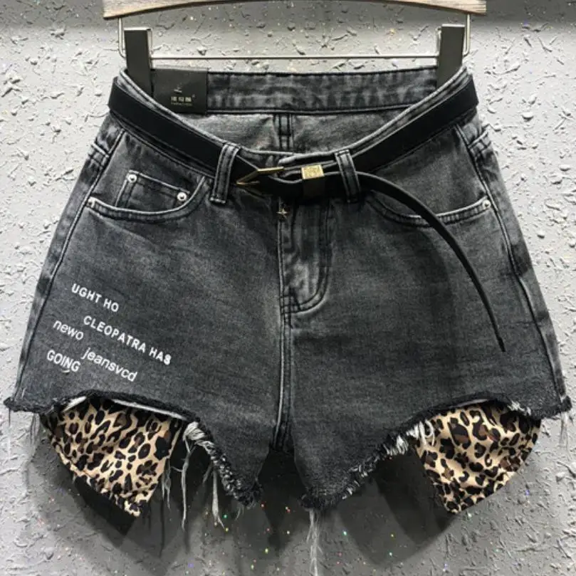 spring summer denim shorts wide leg women hole loose fashion leopard jeans shorts