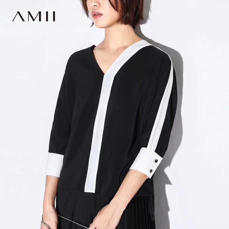 

Amii's Minimalist V Neck T Shirt Women 2019 Spring Causal Solid Patchwork Three Quarter Sleeve Chiffon Loose Female Tops