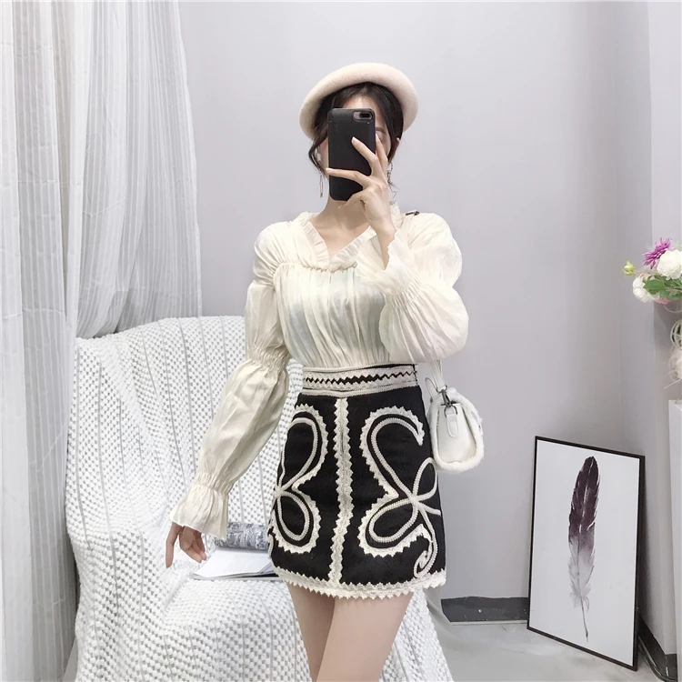 Корейский стиль корт знаменитостей вышитая юбка женская весна 2019 новая высокая талия элегантные юбки E993