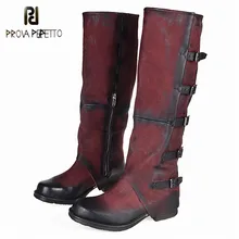 Prova Perfetto бренд лучшие продажи, обувь из овчины квадратный носок женские сапоги со старым ремнем и пряжей, толстая подошва, высота до колен-высокие ботинки Ретро