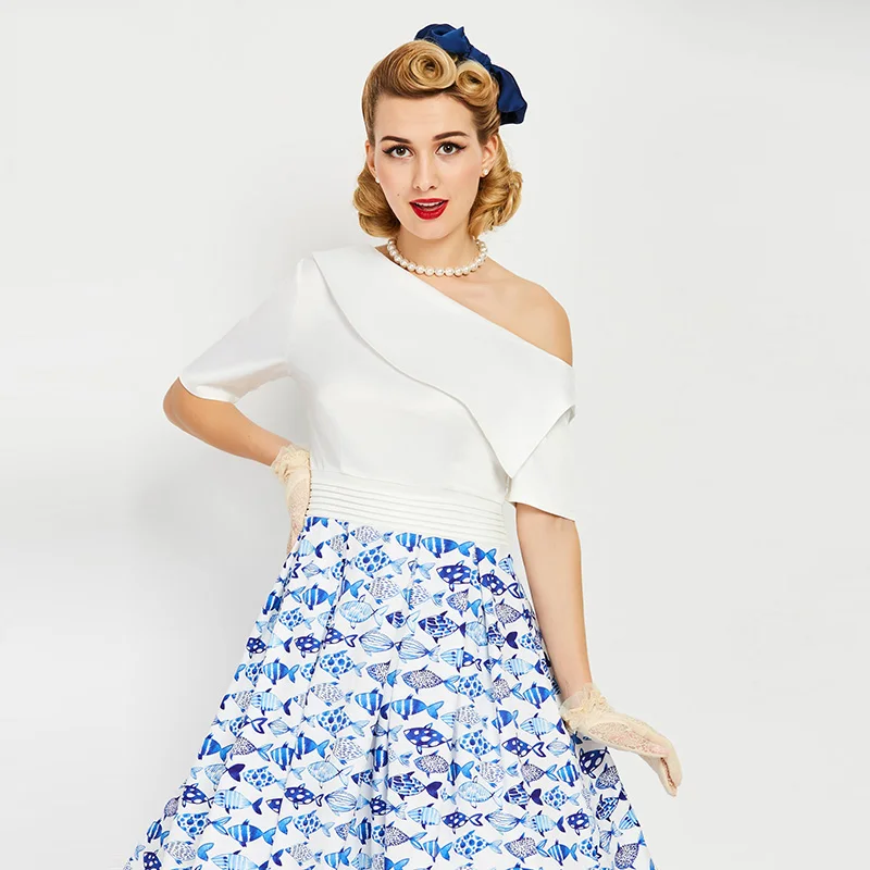 Sisjuly vintage1950s до середины икры белый Для женщин элегантный печати летнее платье